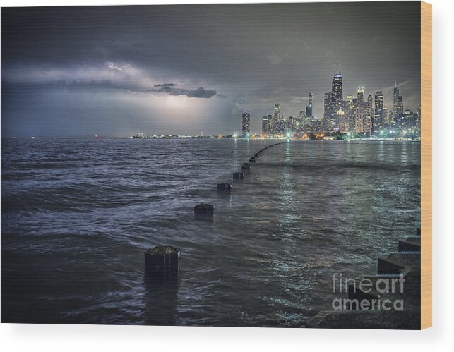 Chicago Wood Print featuring the photograph Thunder and Lightning in The Dark City by Bruno Passigatti