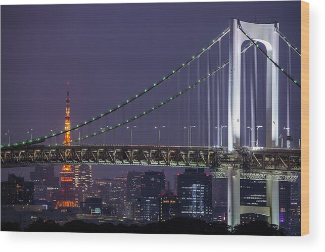 Tokyo Tower Wood Print featuring the photograph Tokyo Tower And Rainbow Bridge At Night by Manachai