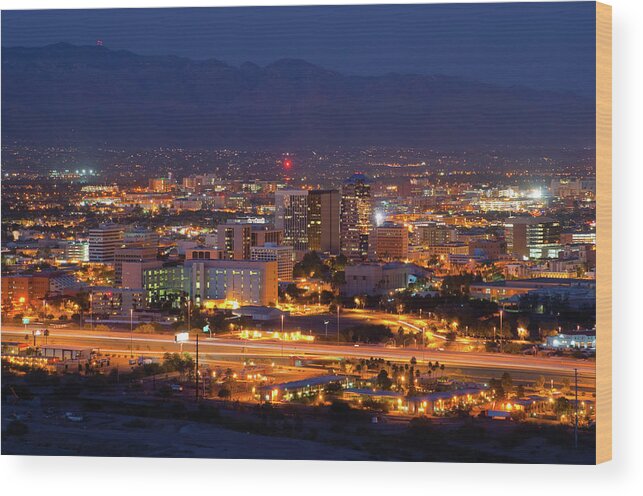 University Of Arizona Wood Print featuring the photograph Tucson Skyline At Night by Davel5957