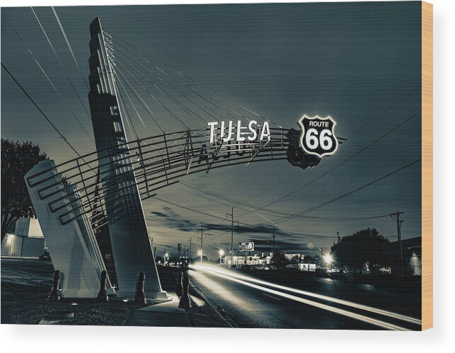 America Wood Print featuring the photograph Tulsa Oklahoma Route 66 Western Gateway Arch in Sepia by Gregory Ballos