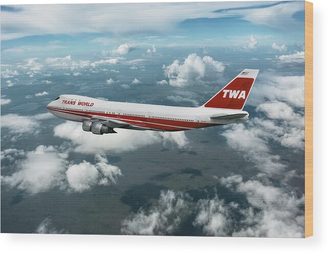 Trans World Airlines Wood Print featuring the mixed media TWA Boeing 747-131 by Erik Simonsen