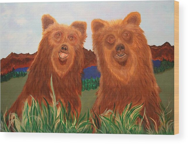Bears Wood Print featuring the painting Two Bears in a Meadow by Bill Manson