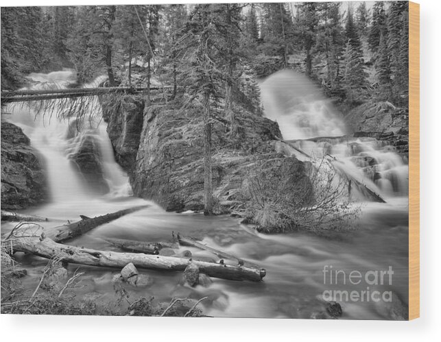 Twin Falls Wood Print featuring the photograph Two Medicine Twin Falls Black And White by Adam Jewell
