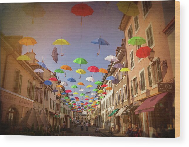Geneva Wood Print featuring the photograph Umbrella Street Carouge Geneva Switzerland by Carol Japp