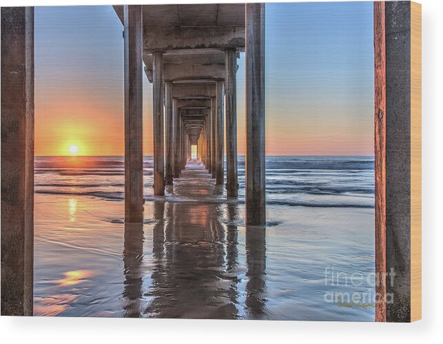Beach Wood Print featuring the photograph Under Scripps Pier at Sunset ..Autographed.. by David Levin