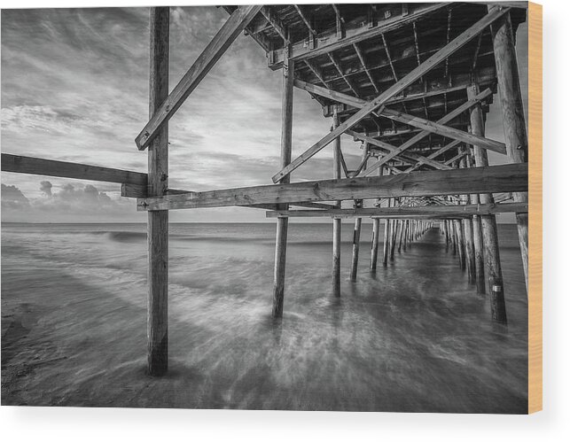 Oak Island Wood Print featuring the photograph Uner the Pier in Black and White by Nick Noble