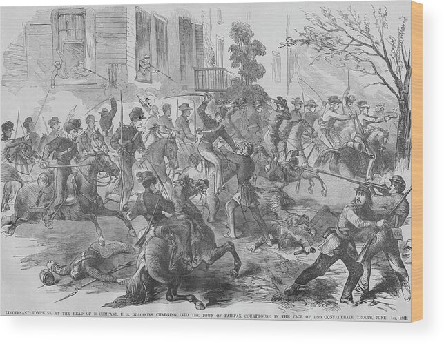 Union Wood Print featuring the painting Union Cavalry Charge into Fairfax County Virginia under Tomkins by Frank Leslie