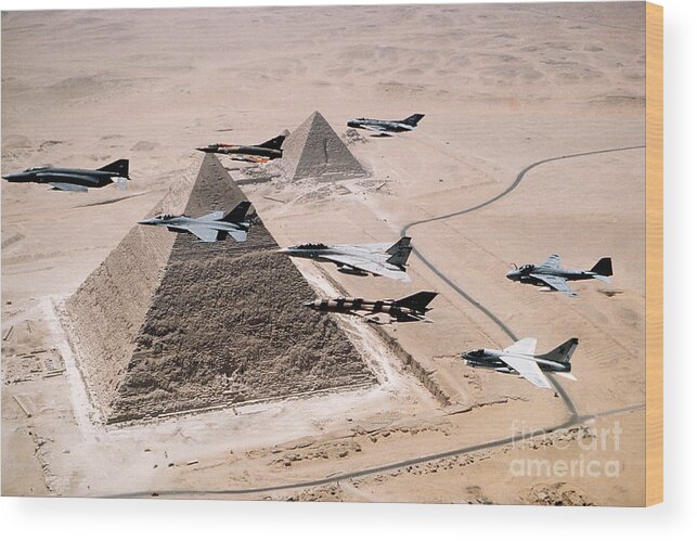 People Wood Print featuring the photograph Us And Egyptian Aircraft Over Pyramids by Stocktrek