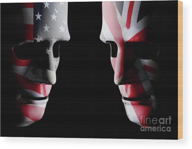 Mask Wood Print featuring the digital art USA and GB head to head flag faces by Simon Bratt