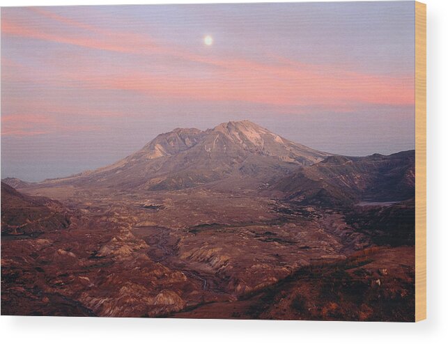 Scenics Wood Print featuring the photograph Usa, Washington, Moonrise Over Mount St by Chuck Pefley