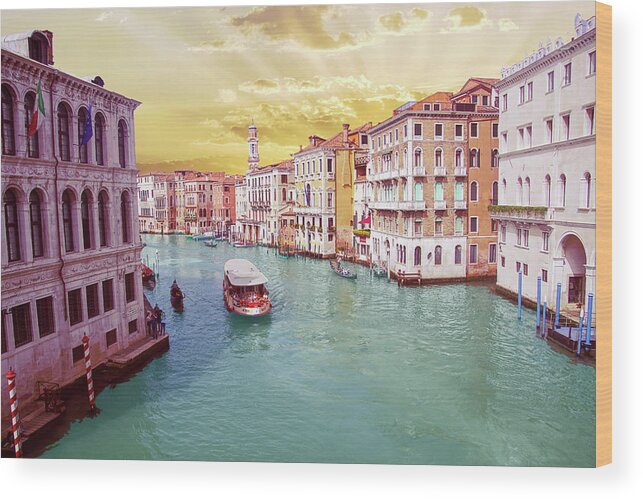 Grand Wood Print featuring the photograph Vaporetto cruises down the Grand Canal by Steve Estvanik