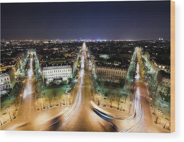 Outdoors Wood Print featuring the photograph View From Arc De Triomphe At Night by Jorg Greuel