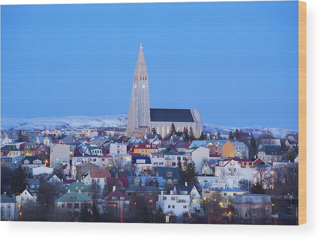 Snow Wood Print featuring the photograph View Of Hallgrimskirkja Church by Travelpix Ltd