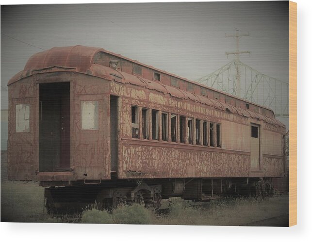 Vintage Train Bridge Muted Antique Moody Wood Print featuring the photograph Vintage Train Car by Peggy McCormick