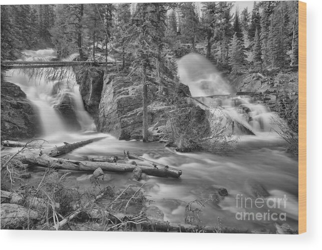 Twin Falls Wood Print featuring the photograph w Medicine Twin Falls Black And White by Adam Jewell