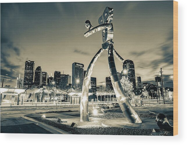 America Wood Print featuring the photograph Walking Tall Traveling Man and Dallas Skyline in Sepia by Gregory Ballos