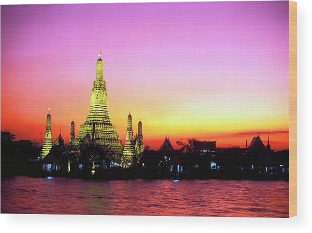 Scenics Wood Print featuring the photograph Wat Arun Temple Bangkok Thailand by Laughingmango