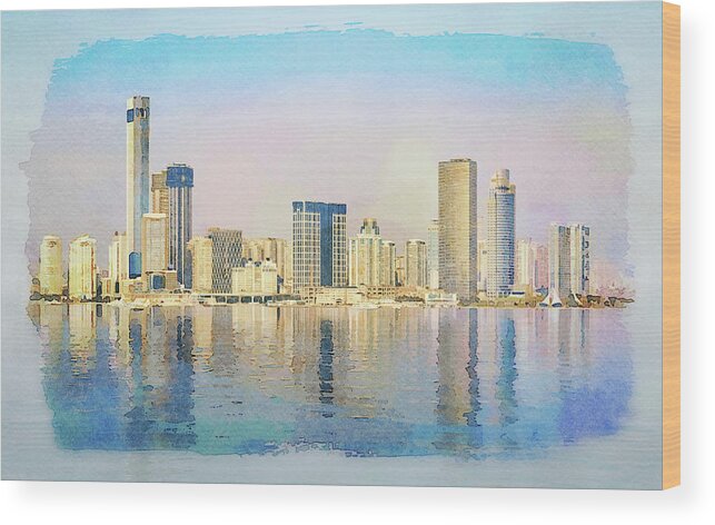 Painting Wood Print featuring the digital art Water color of skyline of the city of Xiamen with reflections by Steven Heap