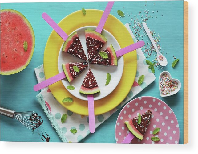 Ip_12368386 Wood Print featuring the photograph Watermelon Slices Glazed With Chocolate And Colourful Sugar Sprinkles by Mariola Streim