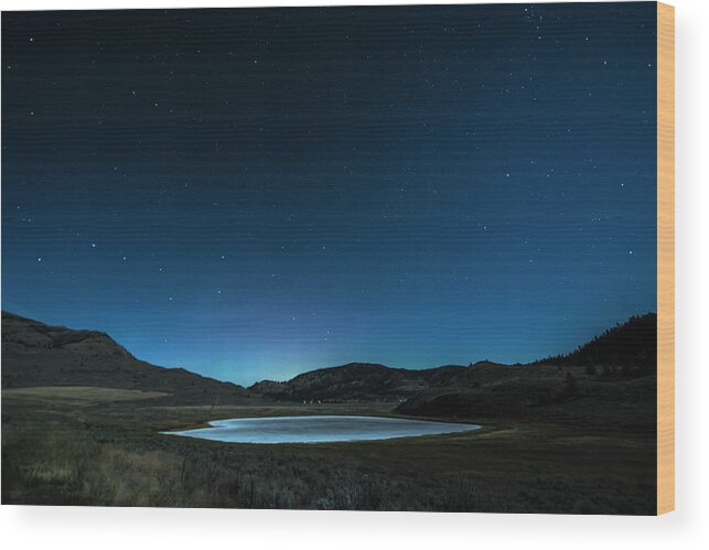 Blue Wood Print featuring the digital art White Lake Grasslands Protected Area At Night, Cawston, British Columbia, Canada by Preserved Light Photography