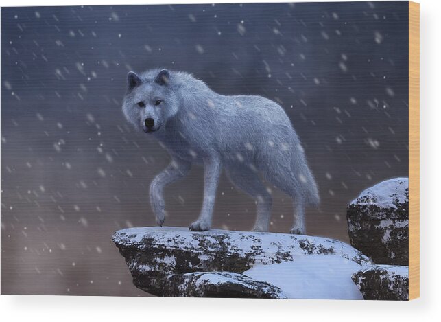 White Wolf Wood Print featuring the digital art White Wolf in a Blizzard by Daniel Eskridge