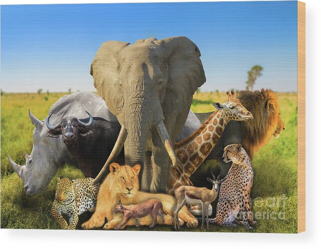 African Animals Wood Print featuring the photograph Wild african animals background by Benny Marty