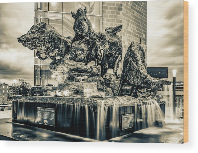 America Wood Print featuring the photograph Wild Band of Razorbacks Monument Fountain - University of Arkansas Sepia by Gregory Ballos