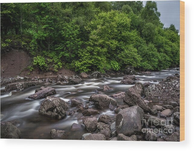 Background Wood Print featuring the photograph Wild Mountain River Streaming Through Green Forest in Scotland by Andreas Berthold