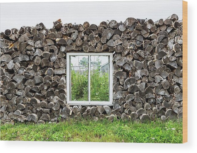 Estock Wood Print featuring the digital art Window Within Wall Made Of Tree Logs by Pietro Canali