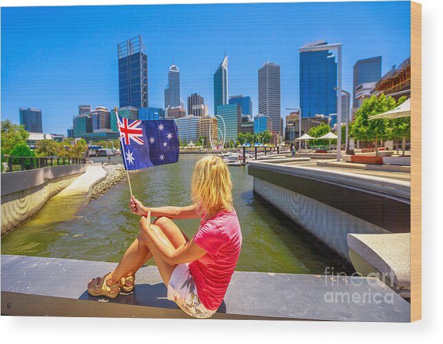 Perth Wood Print featuring the photograph Woman at Elizabeth Quay Marina by Benny Marty