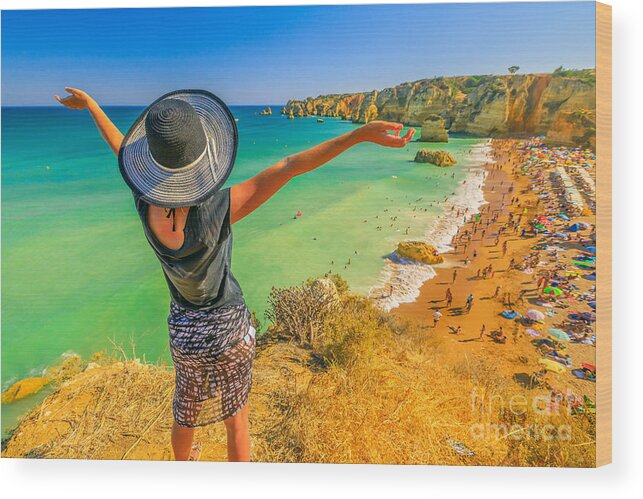 Portugal Wood Print featuring the photograph Woman in Algarve Coast by Benny Marty