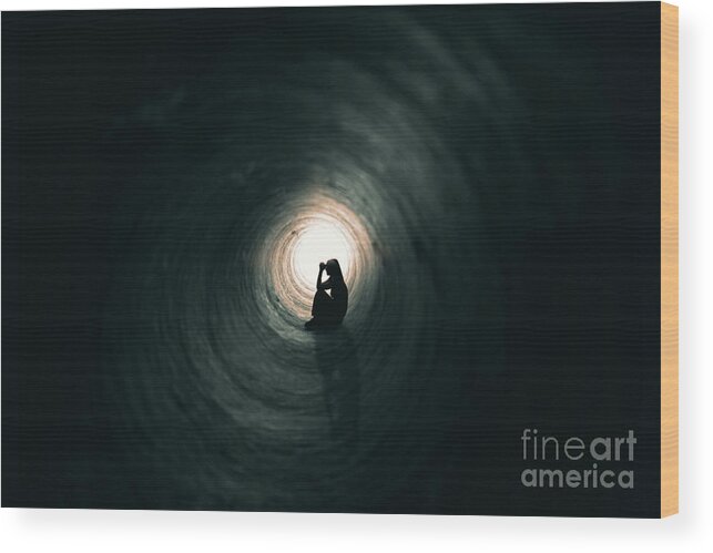 Shadow Wood Print featuring the photograph Woman Praying In A Dark Place by Sdominick