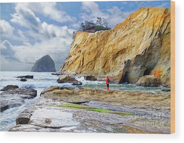 Woman Wood Print featuring the photograph ocean cliffs Cape Kiwanda Pacific City Oregon USA by Robert C Paulson Jr
