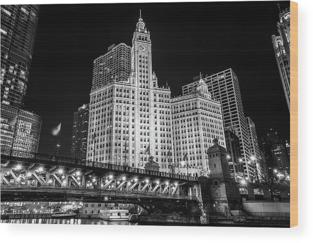 Clock Tower Wood Print featuring the photograph Wrigley Building At Night, Downtown by Stevegeer