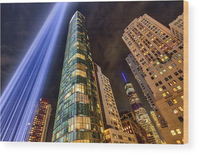 World Trade Center Wood Print featuring the photograph WTC NYC 911 Tribute In Lights by Susan Candelario
