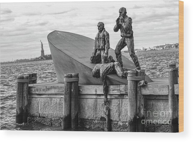 Merchant Marine Memorial Wood Print featuring the photograph WWII Merchant Marine Memorial BW NY by Chuck Kuhn