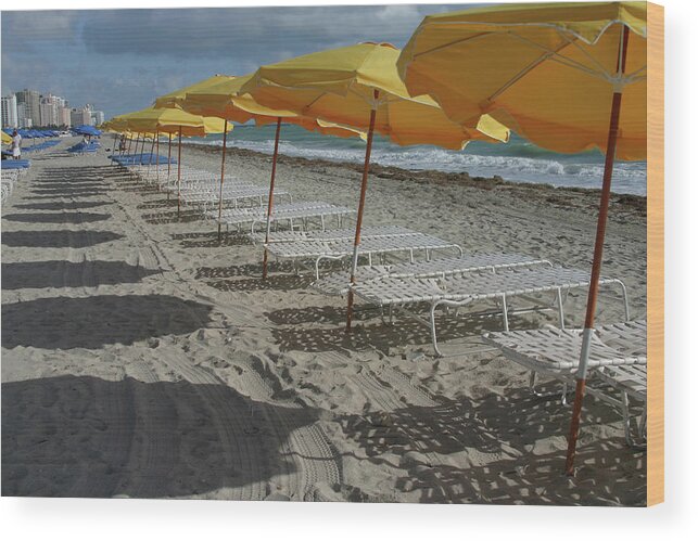 Shadow Wood Print featuring the photograph Yellow Umbrellas In South Beach by Theresemck