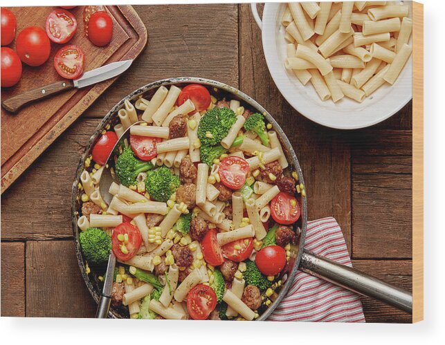 Ip_12530447 Wood Print featuring the photograph Ziti With Sausage, Sweet Corn, Broccoli And Tomatoes by Michael Kraus