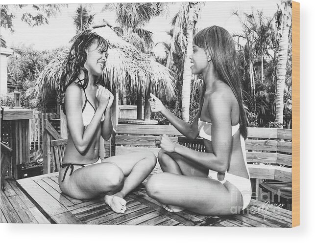 Two Girls Fun Fashion Photoraphy Art Wood Print featuring the photograph 0891 Lilisha Dominique Girlfriend Guessing Beach Party Delray by Amyn Nasser