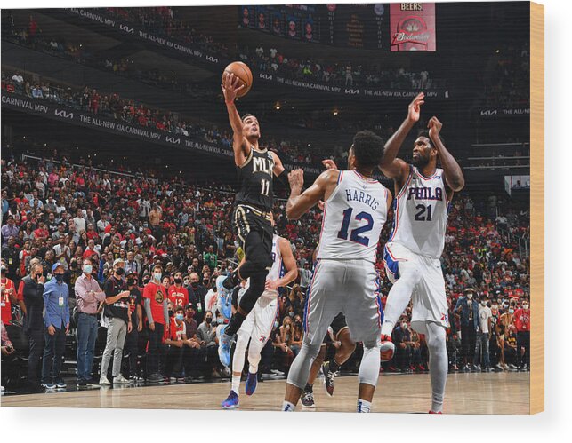 Trae Young Wood Print featuring the photograph 2021 NBA Playoffs - Philadelphia 76ers v Atlanta Hawks #1 by Jesse D. Garrabrant