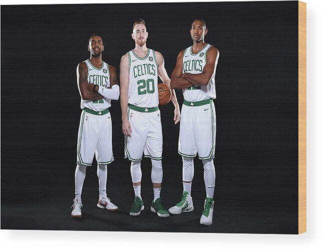 Media Day Wood Print featuring the photograph Al Horford, Kyrie Irving, and Gordon Hayward by Brian Babineau