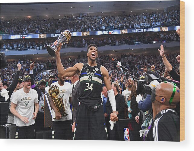 Playoffs Wood Print featuring the photograph Bill Russell and Giannis Antetokounmpo by Jesse D. Garrabrant