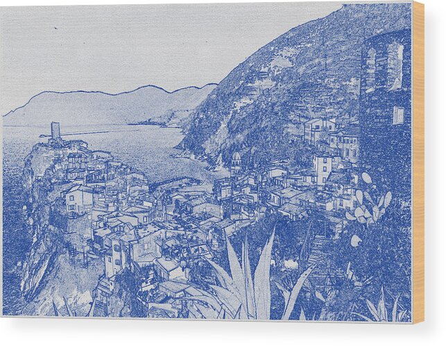 Oil On Canvas Wood Print featuring the digital art Blueprint drawing of Cinque Terre 4 #1 by Celestial Images