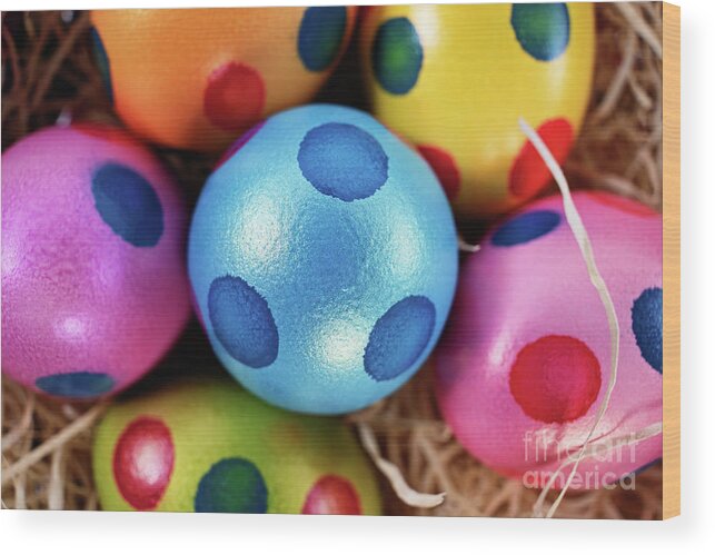 Easter Wood Print featuring the photograph Colorful Easter eggs with polka dots in a basket #1 by Mendelex Photography