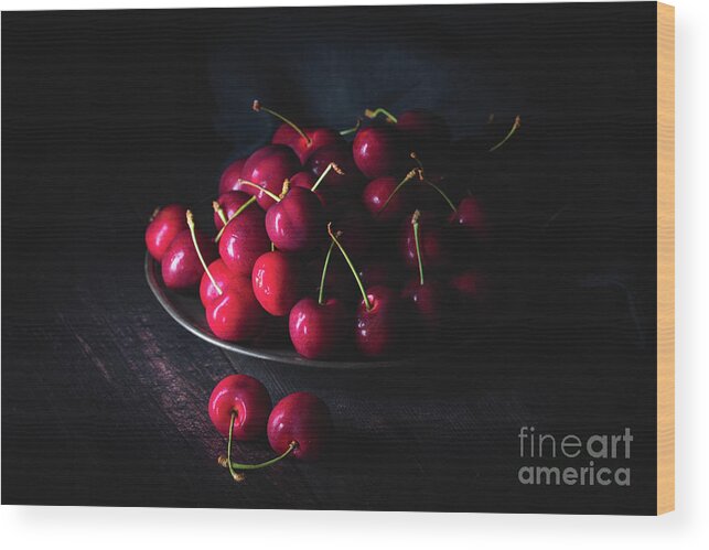 Vegan Wood Print featuring the photograph  Dark red cherries on a pewter plate #1 by Jane Rix