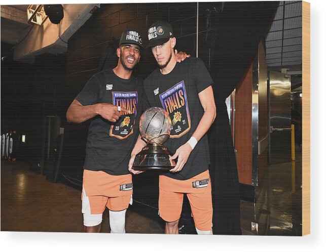 Chris Paul Wood Print featuring the photograph Devin Booker and Chris Paul #1 by Adam Pantozzi