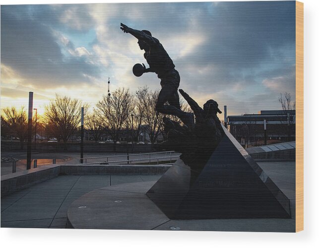 Msu Spartans Wood Print featuring the photograph Earvin Magic Johnson statue at sunset at Michigan State University by Eldon McGraw