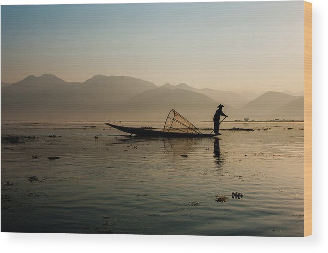 Fisherman Wood Print featuring the photograph Fisherman at Inle Lake by Arj Munoz