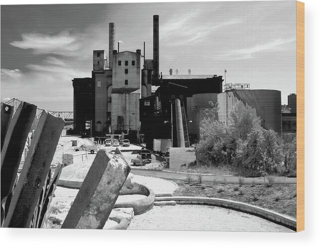 Architecture Wood Print featuring the photograph Industrial Power Plant Architectural Landscape Black White by Patrick Malon