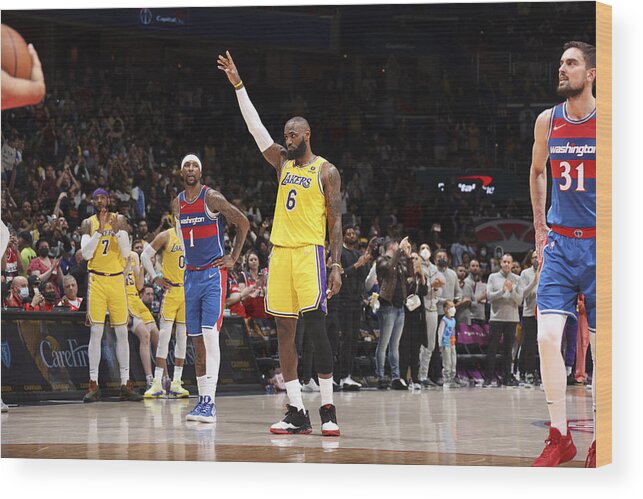 Lebron James Wood Print featuring the photograph Karl Malone and Lebron James #1 by Stephen Gosling